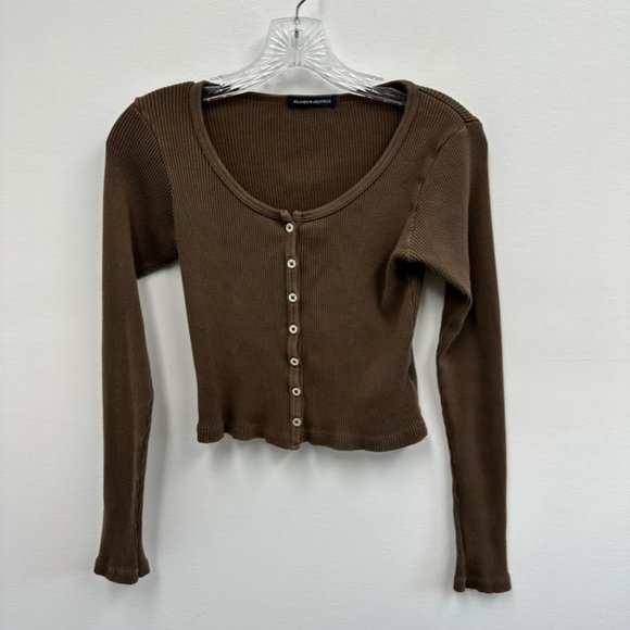 ⛔️SOLD⛔️Brandy Melville Brown Ribbed Long Sleeve 100% Cotton Round Neck Cropped - Picture 4 of 7